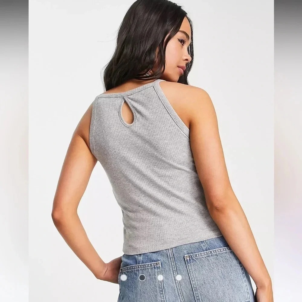 Noisy May Womens Halterneck Top Grey Ribbed Keyhole Back Tank Top Small New